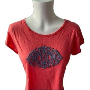 Velvet Coral Top with Blue beaded detail size small‎ 100% cotton made in USA